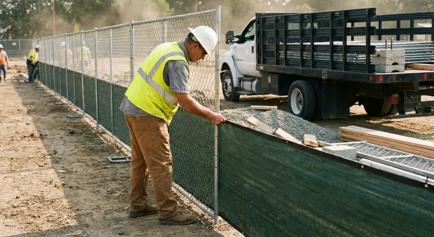 Privacy windscreen installation on construction fence in Normal, IL