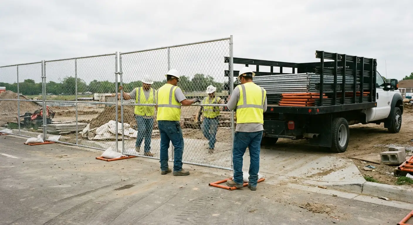 Twin City Temp Fence team securing a construction site perimeter in Normal, IL
